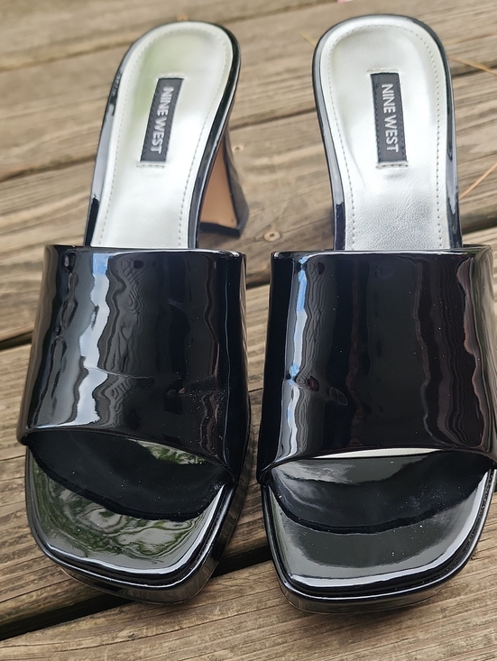 Nine West Shoes - Nine West Beez Platform Black Patent Open-Toe Mule Heels 8.5